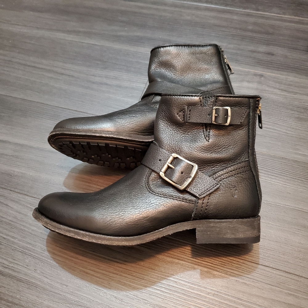 Frye Moto Inspired Black Leather Ankle Boo…